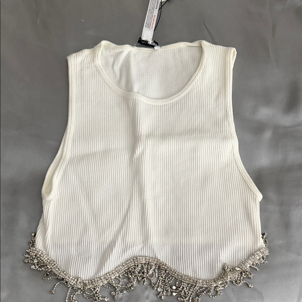 Fashion Nova White Crop Top with Beaded Hem